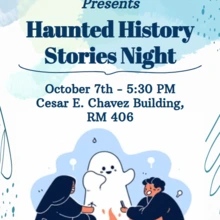 Flyer for "Haunted History Stories Night" by University of Arizona History Club/Phi Alpha Theta. Date: October 7th, 5:30 PM, Cesar E. Chavez Building, RM 406. The flyer has a blue watercolor drops and navy-blue scribble designs with two people and a ghost sit around a campfire, creating a spooky, engaging atmosphere